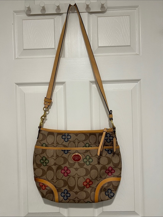 Coach Handbags - Coach Tan Signature Canvas Shoulder Bag with Multicolor Floral Accents